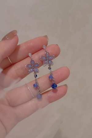 Elegant Japanese Cherry Blossom Crystal Drop Earrings for Women, High-Quality Transparent U-Shaped Ear Clips, Sweet Floral Design