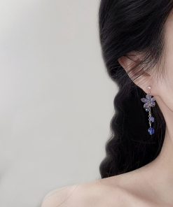 Elegant Japanese Cherry Blossom Crystal Drop Earrings for Women, High-Quality Transparent U-Shaped Ear Clips, Sweet Floral Design