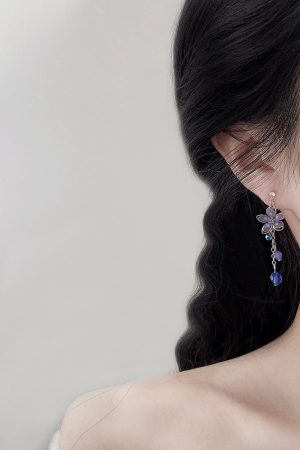 Elegant Japanese Cherry Blossom Crystal Drop Earrings for Women, High-Quality Transparent U-Shaped Ear Clips, Sweet Floral Design