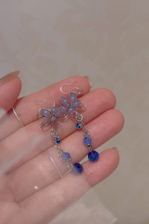 Elegant Japanese Cherry Blossom Crystal Drop Earrings for Women, High-Quality Transparent U-Shaped Ear Clips, Sweet Floral Design