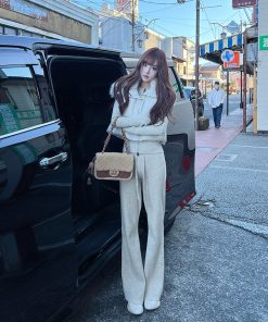 Elegant Knitted Long Sleeve Top and Slim Pants Two-Piece Set for Women - High-End Spring Autumn Fashion, Perfect for 90s and Y2K Styles