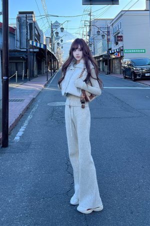Elegant Knitted Long Sleeve Top and Slim Pants Two-Piece Set for Women - High-End Spring Autumn Fashion, Perfect for 90s and Y2K Styles