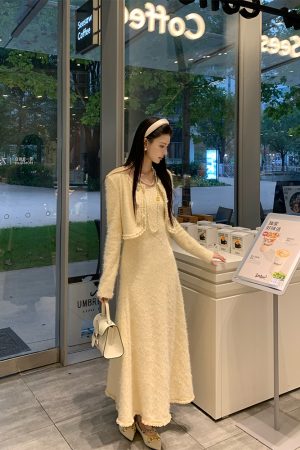 Elegant Knitted Two-Piece Jacket Dress Set for Women - Luxurious Moonlight Muse Style, Trendy Fashion for Special Occasions