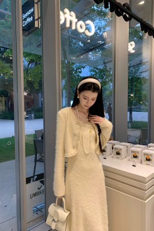 Elegant Knitted Two-Piece Jacket Dress Set for Women - Luxurious Moonlight Muse Style, Trendy Fashion for Special Occasions