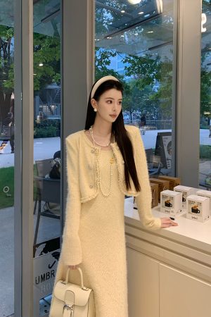 Elegant Knitted Two-Piece Jacket Dress Set for Women - Luxurious Moonlight Muse Style, Trendy Fashion for Special Occasions