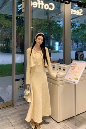 Elegant Knitted Two-Piece Jacket Dress Set for Women - Luxurious Moonlight Muse Style, Trendy Fashion for Special Occasions
