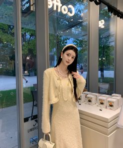 Elegant Knitted Two-Piece Jacket Dress Set for Women - Luxurious Moonlight Muse Style, Trendy Fashion for Special Occasions