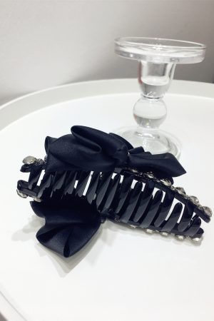Elegant Korean-Style Large Black Rhinestone Hair Claw with Side Bow for Ponytails - Chic Hair Accessory for Effortless Style