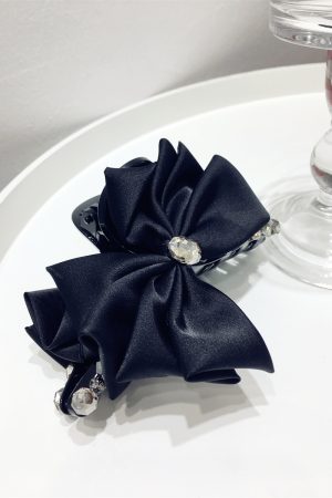 Elegant Korean-Style Large Black Rhinestone Hair Claw with Side Bow for Ponytails - Chic Hair Accessory for Effortless Style