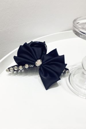 Elegant Korean-Style Large Black Rhinestone Hair Claw with Side Bow for Ponytails - Chic Hair Accessory for Effortless Style
