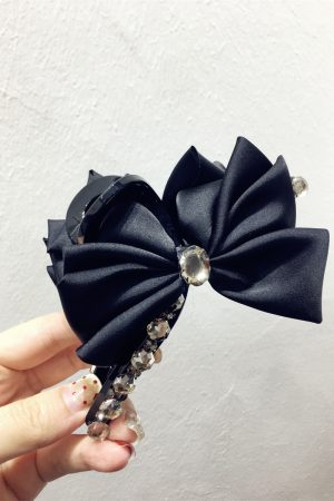 Elegant Korean-Style Large Black Rhinestone Hair Claw with Side Bow for Ponytails - Chic Hair Accessory for Effortless Style