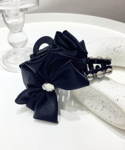 Elegant Korean-Style Large Black Rhinestone Hair Claw with Side Bow for Ponytails - Chic Hair Accessory for Effortless Style