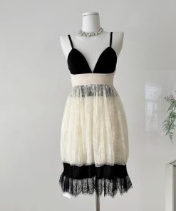 Elegant Lace Splicing V-Neck Spaghetti Strap Color Block Dress in Black and White - Chic Young Lady Style for 90s and Y2K Fashion