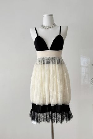 Elegant Lace Splicing V-Neck Spaghetti Strap Color Block Dress in Black and White - Chic Young Lady Style for 90s and Y2K Fashion