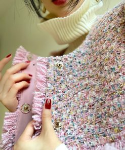 Elegant Lady Woolen Coarse Tweed Handmade Fringed Mid-Length Winter Coat - Chic Chanel Inspired Outerwear for Effortless Style