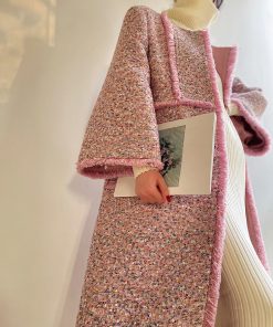 Elegant Lady Woolen Coarse Tweed Handmade Fringed Mid-Length Winter Coat - Chic Chanel Inspired Outerwear for Effortless Style