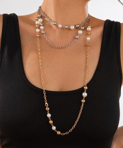 Elegant Layered Long Necklace with Five-Leaf Flower and Pearl Pendant - Stylish Commuting Sweater Chain for Women