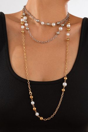 Elegant Layered Long Necklace with Five-Leaf Flower and Pearl Pendant - Stylish Commuting Sweater Chain for Women
