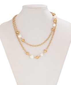 Elegant Layered Long Necklace with Five-Leaf Flower and Pearl Pendant - Stylish Commuting Sweater Chain for Women