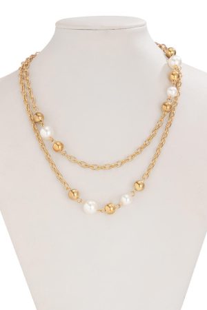 Elegant Layered Long Necklace with Five-Leaf Flower and Pearl Pendant - Stylish Commuting Sweater Chain for Women