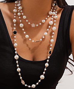 Elegant Layered Long Necklace with Five-Leaf Flower and Pearl Pendant - Stylish Commuting Sweater Chain for Women