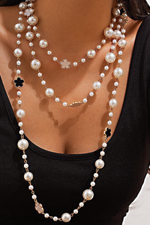 Elegant Layered Long Necklace with Five-Leaf Flower and Pearl Pendant - Stylish Commuting Sweater Chain for Women