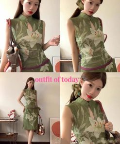 Elegant Lily Fairy Qipao Set - Slim Fit Double-Sided Print, Chinese Style Dress, Literary Aesthetic, Vintage 90s Inspired Fashion