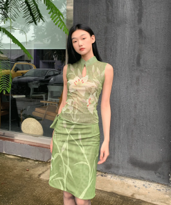 Elegant Lily Fairy Qipao Set - Slim Fit Double-Sided Print, Chinese Style Dress, Literary Aesthetic, Vintage 90s Inspired Fashion
