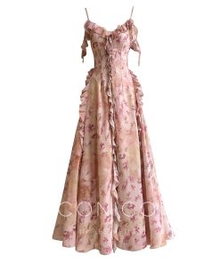 Elegant Long Floral Dress with Spaghetti Straps - Summer Dream Begonia Waist-Defining Vacation Style, Perfect for 90s and Y2K Fashion