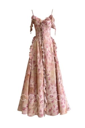 Elegant Long Floral Dress with Spaghetti Straps - Summer Dream Begonia Waist-Defining Vacation Style, Perfect for 90s and Y2K Fashion