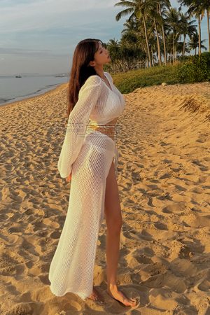 Elegant Long Sleeve Knitted Swimsuit for Small Chest - Gathered Design, Sexy Pure Desire Style, Hot Spring Vacation Bikini 2025