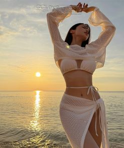 Elegant Long Sleeve Knitted Swimsuit for Small Chest - Gathered Design, Sexy Pure Desire Style, Hot Spring Vacation Bikini 2025