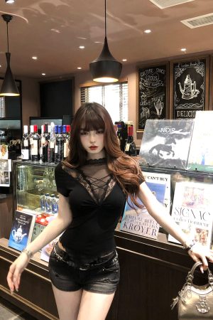 Elegant Mesh Lace T-Shirt for Women - Cute Short Sleeve Summer Top with Waist-Defining Slim Fit - Perfect for Y2K and Korean Style Fashion