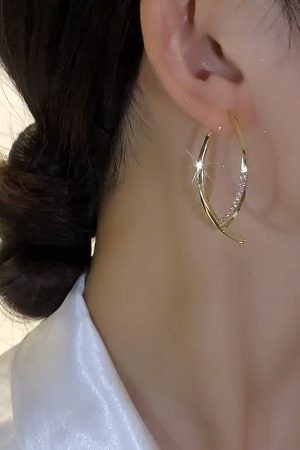 Elegant Metal Cross-Inlaid Diamond Earrings for Women - High-End Minimalist Ethnic Style Silver Studs