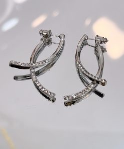 Elegant Metal Cross-Inlaid Diamond Earrings for Women - High-End Minimalist Ethnic Style Silver Studs