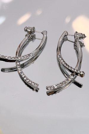 Elegant Metal Cross-Inlaid Diamond Earrings for Women - High-End Minimalist Ethnic Style Silver Studs
