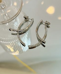 Elegant Metal Cross-Inlaid Diamond Earrings for Women - High-End Minimalist Ethnic Style Silver Studs