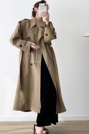 Elegant Mid-Length Double-Breasted Trench Coat for Women - Classic Silhouette, Perfect for Spring Fashion