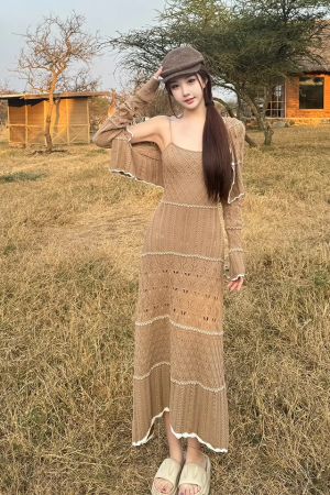 Elegant Mid-Length Knitted Hollow-Out Dress for Women - Niche Caramel Color, Designer Style