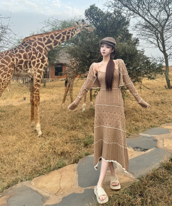 Elegant Mid-Length Knitted Hollow-Out Dress for Women - Niche Caramel Color, Designer Style