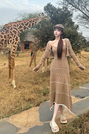 Elegant Mid-Length Knitted Hollow-Out Dress for Women - Niche Caramel Color, Designer Style