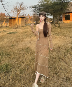 Elegant Mid-Length Knitted Hollow-Out Dress for Women - Niche Caramel Color, Designer Style
