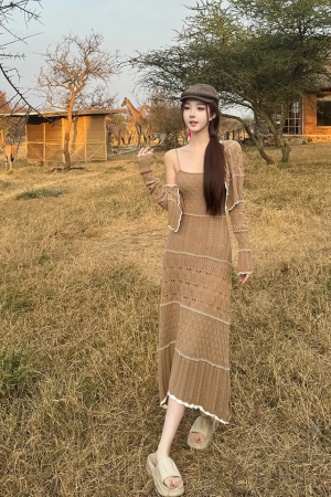 Elegant Mid-Length Knitted Hollow-Out Dress for Women - Niche Caramel Color, Designer Style