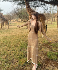 Elegant Mid-Length Knitted Hollow-Out Dress for Women - Niche Caramel Color, Designer Style