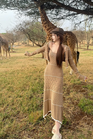 Elegant Mid-Length Knitted Hollow-Out Dress for Women - Niche Caramel Color, Designer Style