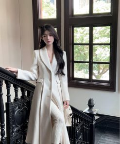 Elegant Mid-Length White Woolen Coat for Women - High-End Lapel Design, Chic Winter Outerwear, Timeless Style