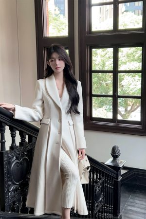 Elegant Mid-Length White Woolen Coat for Women - High-End Lapel Design, Chic Winter Outerwear, Timeless Style