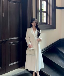 Elegant Mid-Length White Woolen Coat for Women - High-End Lapel Design, Chic Winter Outerwear, Timeless Style