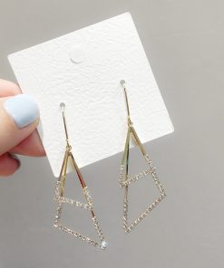 Elegant Minimalist Double-Layer Triangular Metal Hook Earrings with Diamond Inlay - High-End Fashion Accessories for Chic Looks