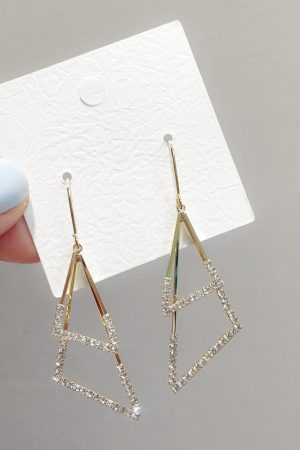 Elegant Minimalist Double-Layer Triangular Metal Hook Earrings with Diamond Inlay - High-End Fashion Accessories for Chic Looks